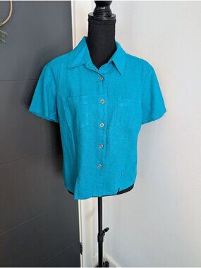 Vintage Studio Ease Womens Blue Linen Blend Short Sleeve Button-Up Shirt Size 8